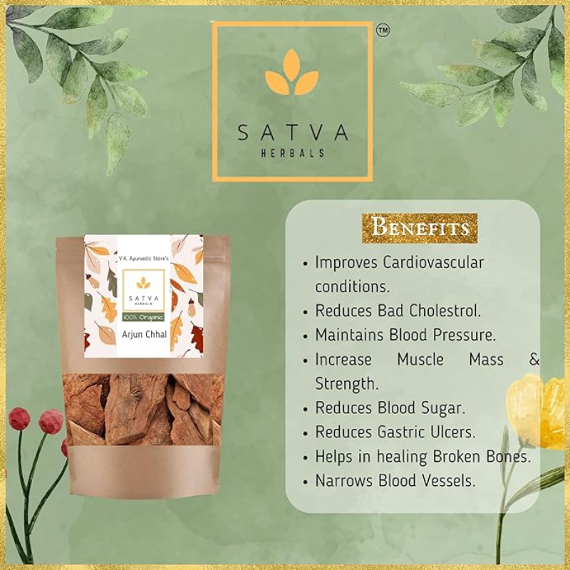 Satva Herbals Arjun ki Chaal - Raw, Organic Arjuna Tree Bark - For Cardiovascular Health & Cholesterol Control