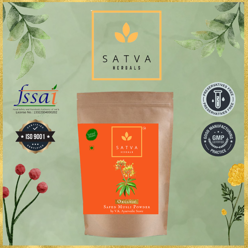 Satva Herbals Organic Safed Musli Root Powder Ayurvedic Support for Vitality Performance Herbal Supplement Strength & Stamina Booster